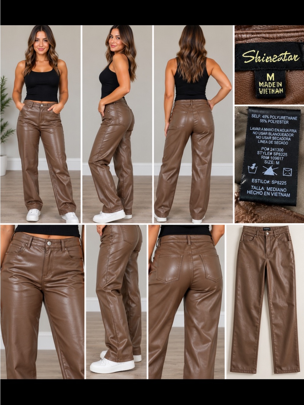 Shinestar Women's Wide Leg Faux Leather Pants - Brown